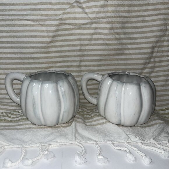 Anthropologie Cindy Stoneware Pumpkin Mug White Set of 2
